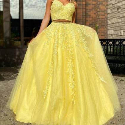 Two Pieces Yellow Lace Long Prom Dr..