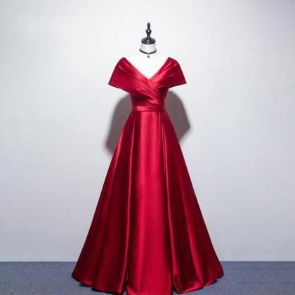 Sexy V Neck Long Red Satin Prom Dresses Cap Sleeve..