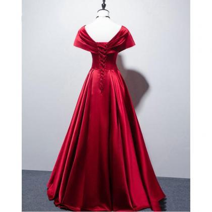 Sexy V Neck Long Red Satin Prom Dresses Cap Sleeve..