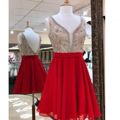 Sexy Open Back Short Red Beaded Homecoming Dress..