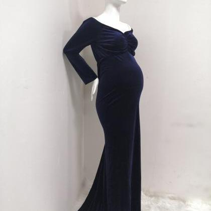 Long Navy Blue Maternity Dress For Photoshoot Slim..
