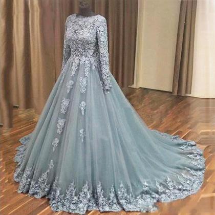 Long Sleeve Formal Lace Evening Dress With Full..