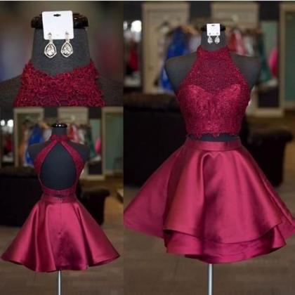 Two Pieces Short Burgundy Lace Homecoming Dress A..