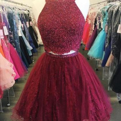 Short Burgundy Lace Homecoming Dresses Two Pieces..