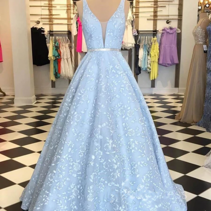 2021 V Neck Baby Blue Long Prom Dress A Line..