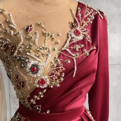 Elegant Burgundy Satin Prom Dress With Long Sleeve..