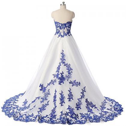 High Low White Prom Dress with Blue..