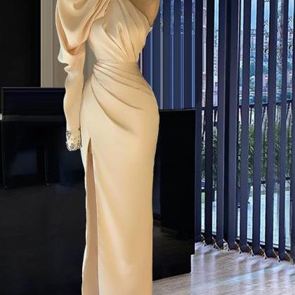 Sexy One Shoulder Long Champagne Beaded Prom Dress..