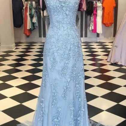 Sexy Backless Sky Blue Lace Evening..