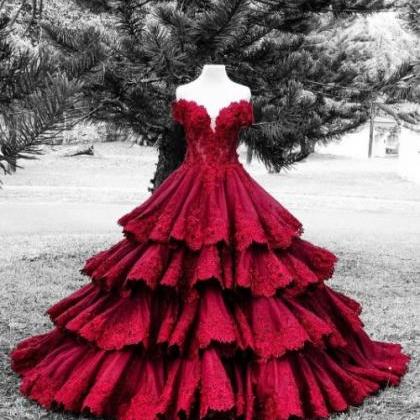 Sexy Burgundy Lace Tiered Evening D..