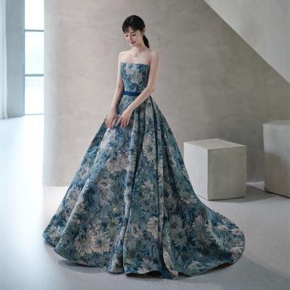 Elegant Blue Foral Formal Evening Dress Prom Gowns..