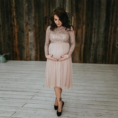 Long Sleeve Prom Dresses For Pregnant Women Sequin Shiny Knee Length Short Evening Dress Cheap Maternity Formal Dresses