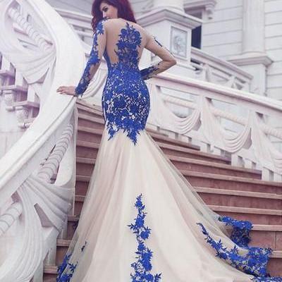 2018 Sheer Illusion Back Long Sleeve Royal Blue Lace Evening Dresses Mermaid Tulle Formal Prom Gowns 