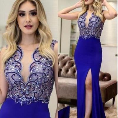 2019 Royal Blue Mermaid Prom Dresses long Elegant Evening Formal Dresses With Beaded Party Dress Sexy Split Side