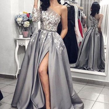 Grey Satin Evening Gown 2019 A-Line Sexy Split White Lace Long Prom Dresses with Pockets One Shoulder Long Sleeves Prom Dress