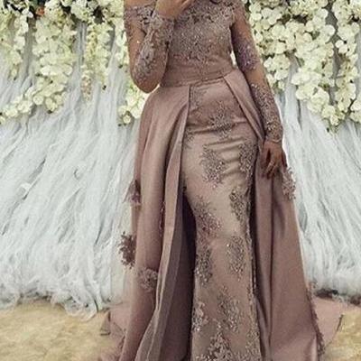 New 2020 Formal Evening Dress Long Sleeve With Detachable Skirt Lace Arabic Muslim Women Prom Dress Pageant Gowns