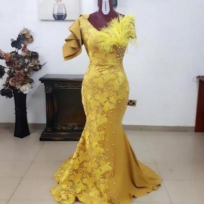 2020 New Yellow African Prom Dress Sexy Mermaid Lace Evening Dress Vestidos De Festa Feather Formal Party Dress