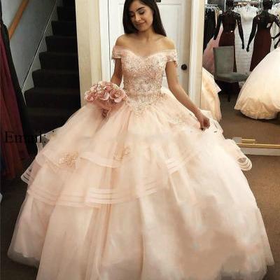 Sweet 15 Year Pink Quinceanera Dresses Cap Sleeve Sexy V Neck Appliques Tiered Ball Gown Long Formal Girls Birthday Party Dress