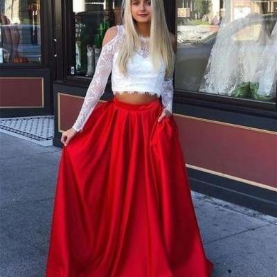 Two Pieces White Lace Red Skirt Prom Dresses Long Satin A Line Floor Length Formal Women Party Dress Custom Made