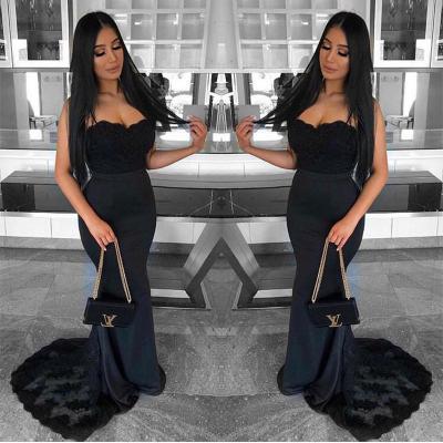 Sexy Mermaid Black Lace Prom Dresses Long Satin Ssweetheart Backless Sweep Train Formal Party Dress