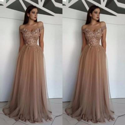 Sexy Champagne Lace Long Prom Dresses Off The Shoulder A Line Tulle Formal Women Party Dress Custom Made