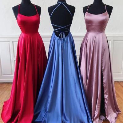 Cheap Red Blue Pink Long Sexy Prom Dresses Split Side Halter Cross Back Formal Women Party Dress Gowns