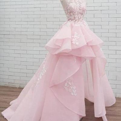 Pink Lace Prom Dresses 2020 High Low Tiered Organza Sexy Backless Formal Women Party Dress Custom Made