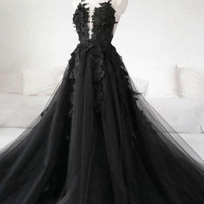 Sexy Sheer Black Long Prom Dresses Illusion Back A Line Floor Length Formal Women Party Dress