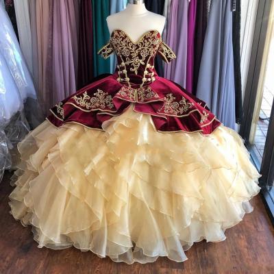 Sweet 16 Year Ball Gown Quinceanera Dresses Elegant Champagne Skirts with Burgundy Girls Birthday Party Dress