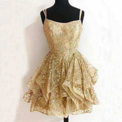 Short Light Golden Homecoming Dress Sexy Spaghetti Strap A Line Shiny Lace Short Party Dresses