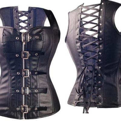 Women's Fashion PU Leather corset Overbust Shapewear Control Belly Lose Weight Lace Up Bustier Crop Top