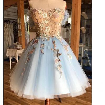 Sweet Blue Homecoming Dress with Appliques Sexy Sweetheart Backless Short Prom Dresses