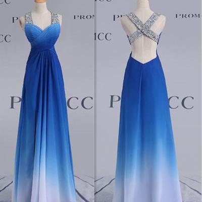 Sexy Long Blue Gradient Ombre Prom Dress A Line Floor Length Chiffon Cross Back Beaded Sequins Straps 