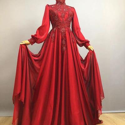 High Neck Red Muslim Women Evening Dresses with Long Sleeve Beaded Appliques High Neck Formal Dress Custom Made
