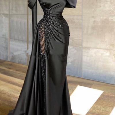 Sexy Black Long Satin Prom Dress Off The Shoulder See Through Beaded Top Pageant Women Party Dresses