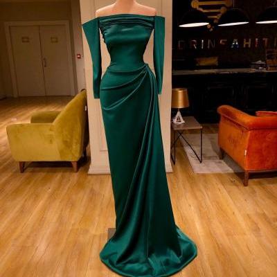 Off The Shoulder Vintage Green Prom Dress with Long Sleeve Slim Sheath Satin Formal Evening Dresses