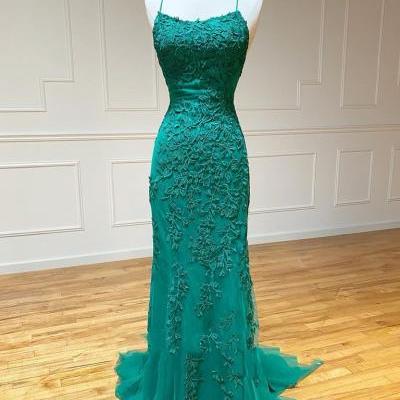 Emerald Green Lace Long Prom Dress Sexy Spaghetti Strap Slim Lace Up Back Formal Women Party Dresses