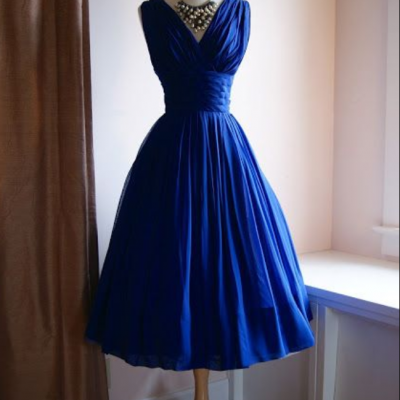 2021 Royal Blue Prom Dress Tea Length Sexy V Neck A Line Chiffon New Party Gowns