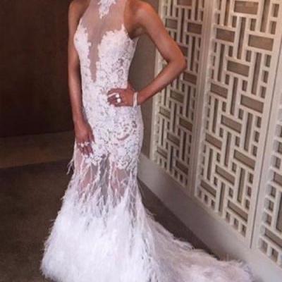High Neck See Through Long Feather White Prom Dresses, 2017 Sexy Sheer White Lace Party Dresses, Sweep Train Illusion Back White Tulle Prom Dress, 2017 Feather White Party Dresses, Sexy Open Back Mermaid Long White Feather Runway Dress, Plus Size White Lace Prom Dresses 2017 New Arrival
