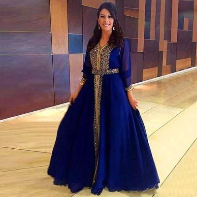 Arabic Royal Blue Prom Dresses With Beaded Top, A Line Chiffon Formal Evening Dresses With Long Sleeve, 2017 Vintage Prom Dresses Floor Length, Luxury Beaded Sequins Prom Party Dresses Plus Size 2017,