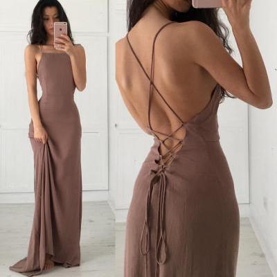 Crisscross Back Sexy Party Dresses, 2017 Vintage Brown Prom Dress, Spaghetti Strap Long Party Dresses, Simple Design Brown Prom Dresses, 2017 Customize China Party Dresses, Backless Chiffon Prom Dresses 2017