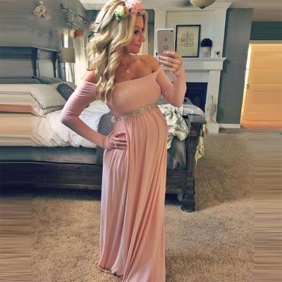 Sweet Pink Maternity Women Prom Dress, Sexy Off The Shoulder Pink Party Dress, Long Sleeve Prom Dress With Beaded Sash, Fashion 2017 Boat Neck Pregnant Prom Dress, Plus Size Women Evening Dress Formal Gowns 