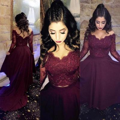 Two Pieces Burgundy Prom Dress, Sexy V Neck Off The Shoulder Prom Dress, Long Sleeve Burgundy Lace Party Dress, 2017 Sexy Backless Burgundy Party Dress, Sweep Train Lace Party Dress, Formal Burgundy Party Dress, Arabic Style Red Wine Prom Dress 2017