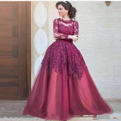 Burgundy Party Dress Long Sleeves Arabic Elegant Prom Dresses 2017 Lace Appliques Sheer Scoop Neck Vestidos De Fiesta Evening Dresses