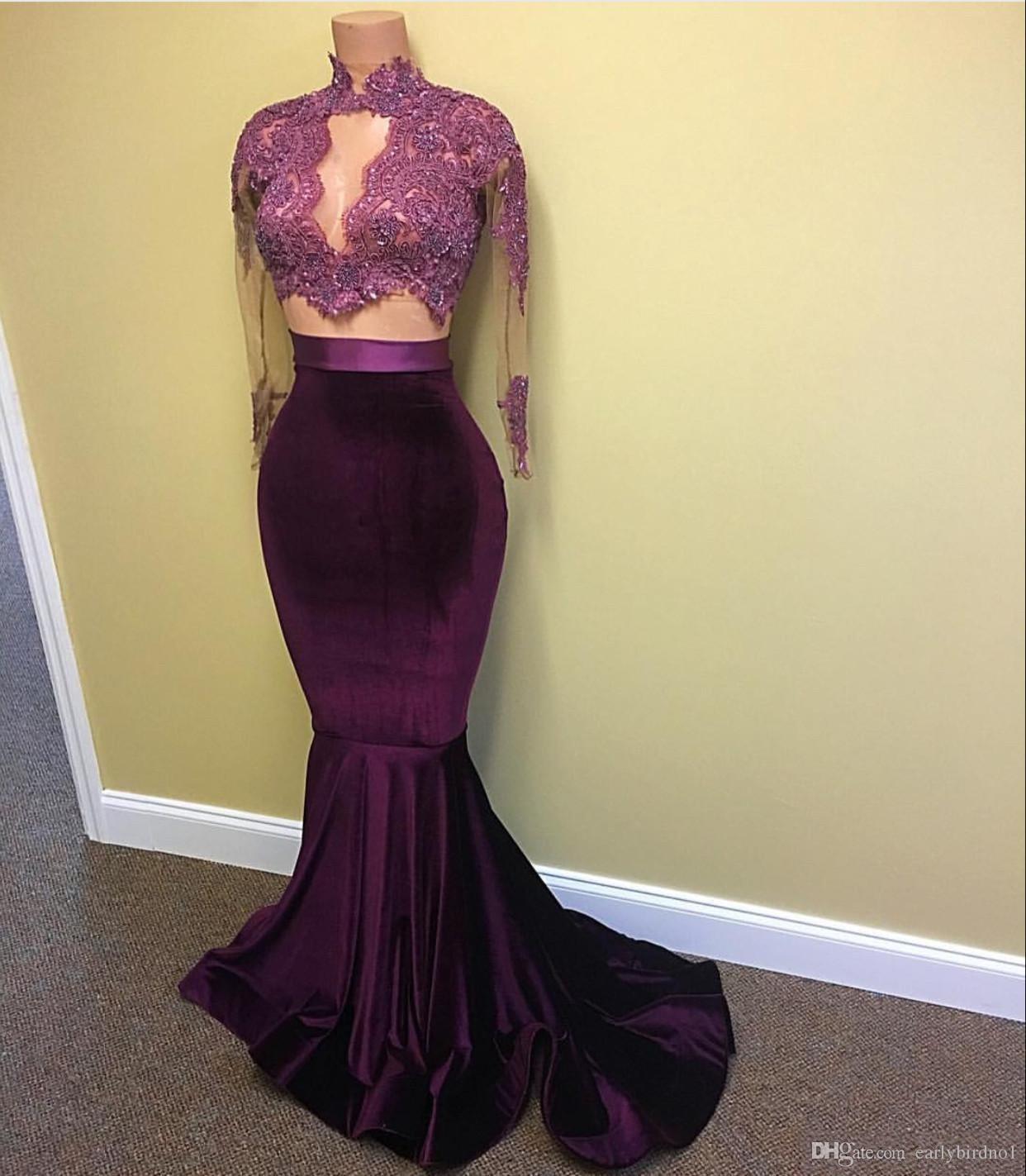 2018 New Purple Velvet Prom Dresses Mermaid Lace Appliques Beaded Sheer Long Sleeves Sweep Train Evening Party Gowns Arabic Celebrity