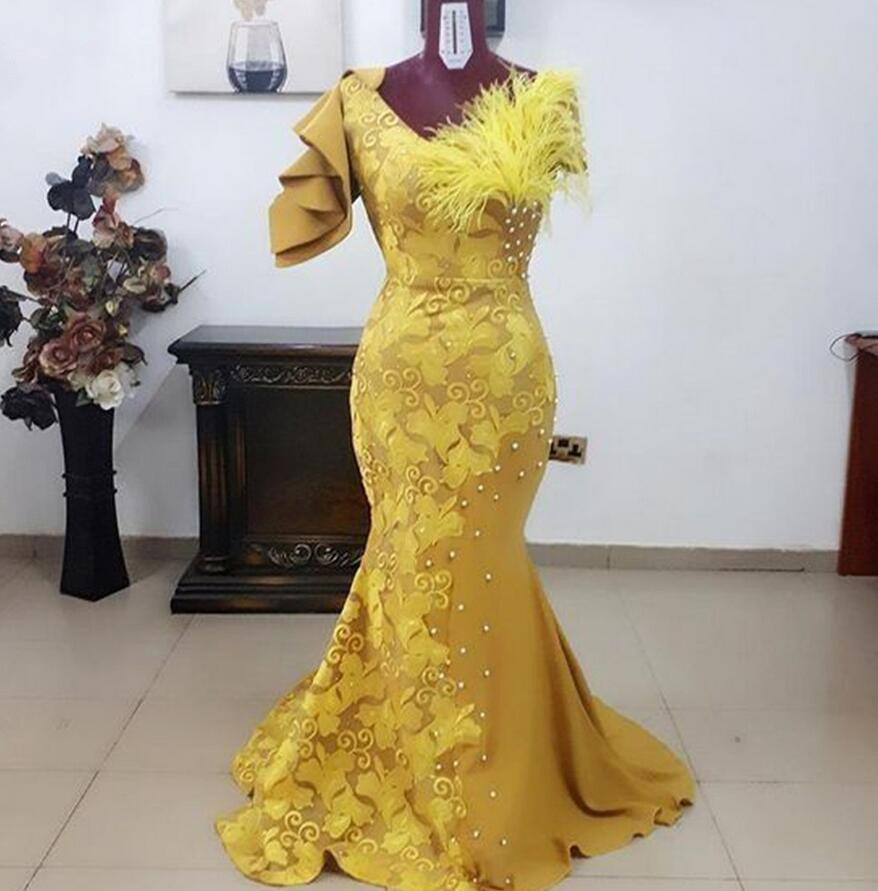 2022 New Yellow African Prom Dress Sexy Mermaid Lace Evening Dress Vestidos De Festa Feather Formal Party Dress