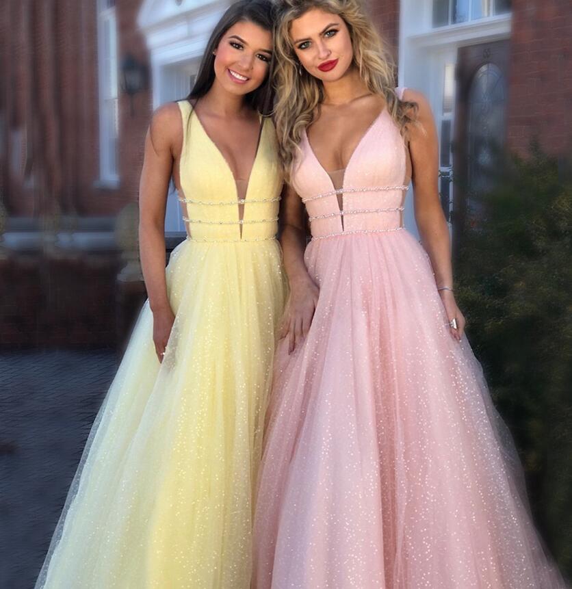 New 2020 Sexy Prom Dress Deep V Neck A Line Tulle Pink Lime Green Color ...