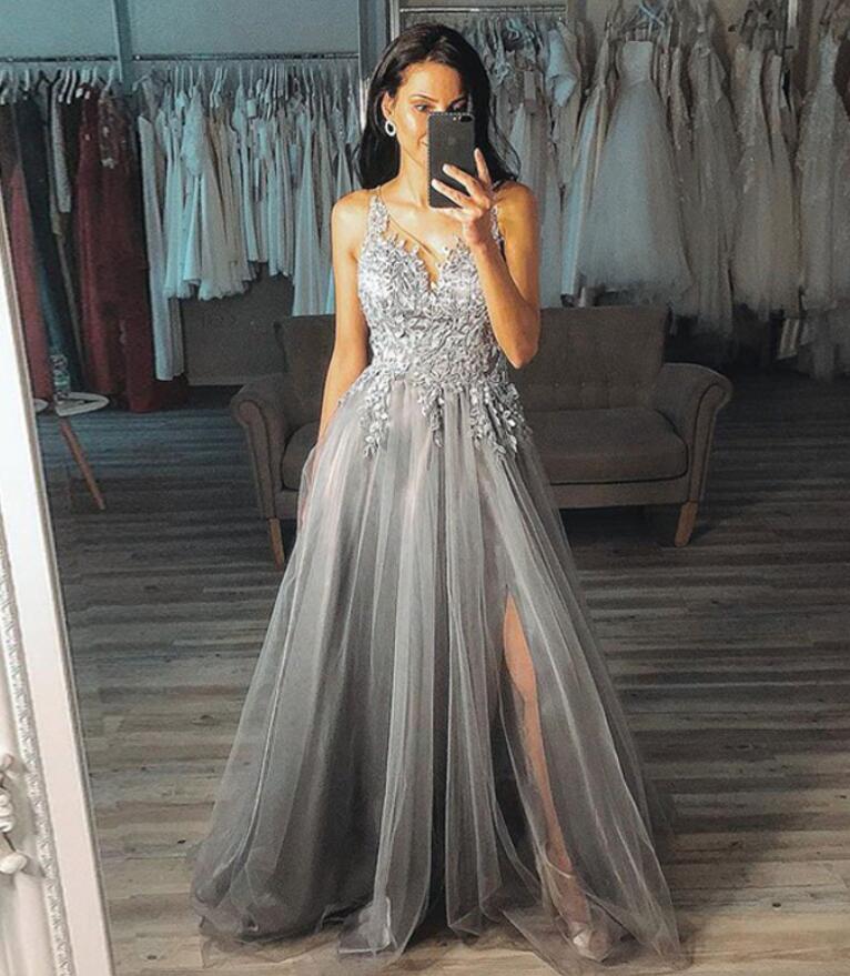 Elegant Grey Long Prom Dress 2020 Sexy 