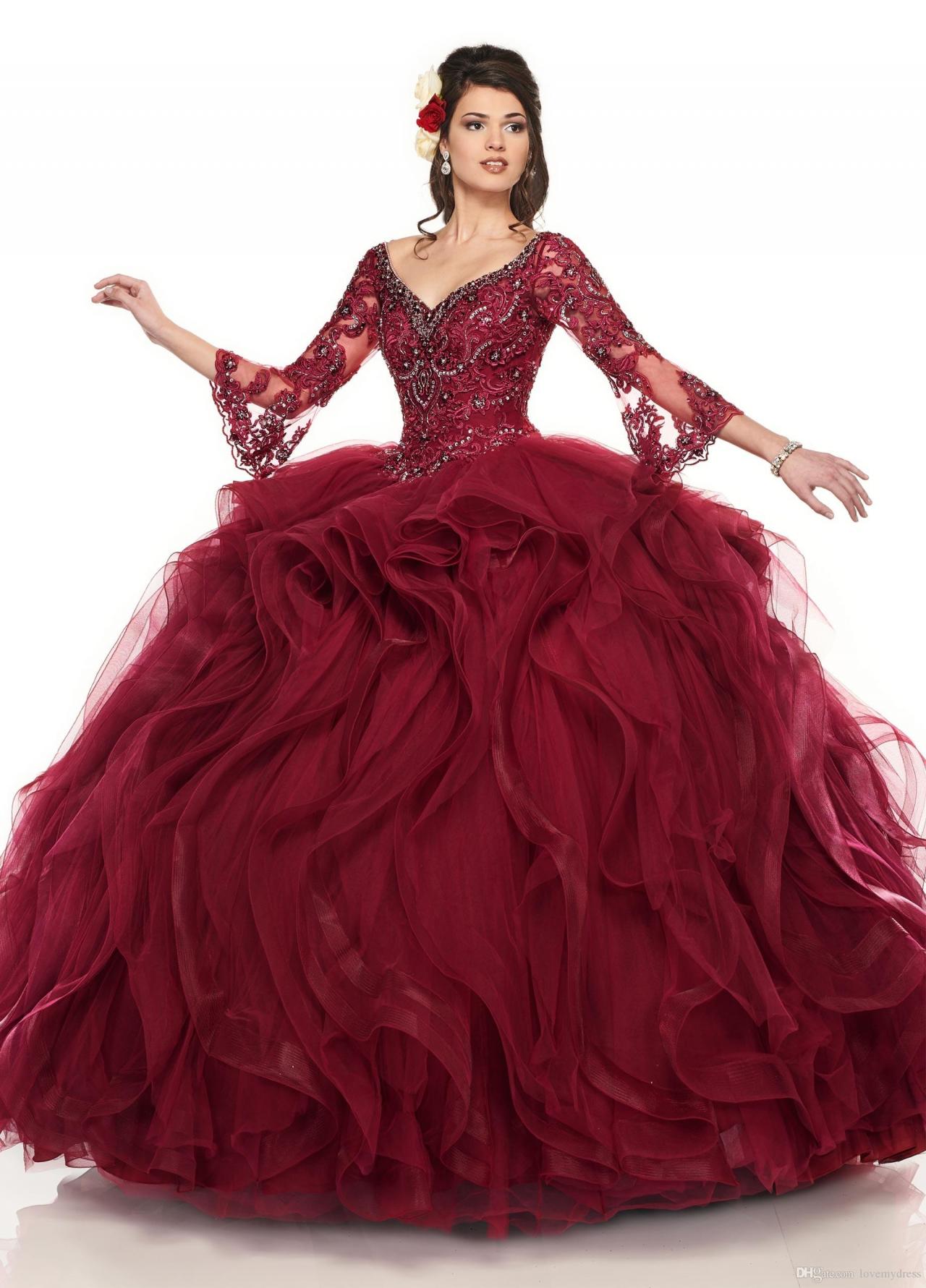 burgundy quinceanera dress with sleeves