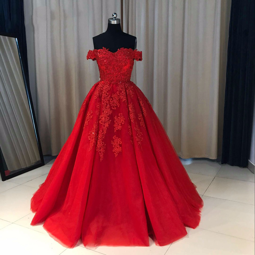 Off The Shoulder Sexy Red Prom Dresses 2020 New Women Party Dress A Line With Lace Appliques Floor Length